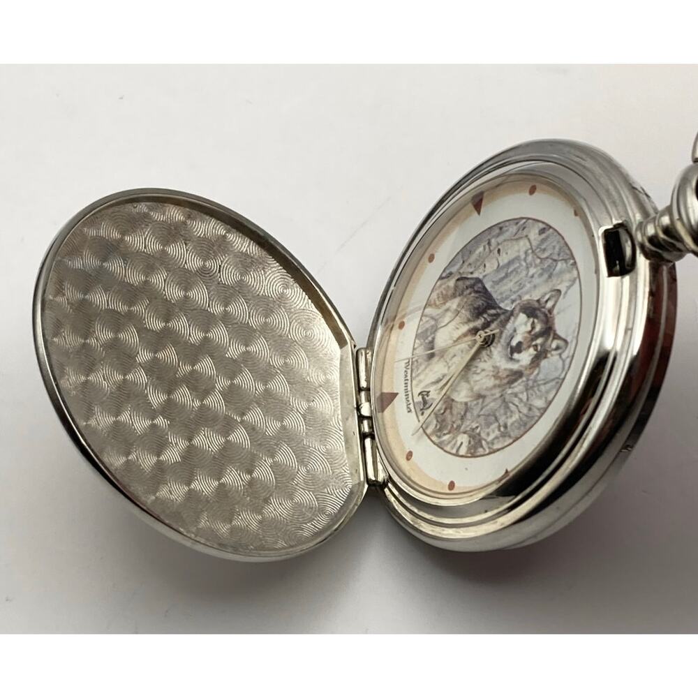 Westminster Quartz Wolf Pocket Watch Full Hunter - New Battery - Chain and Clip - Picture 6 of 11